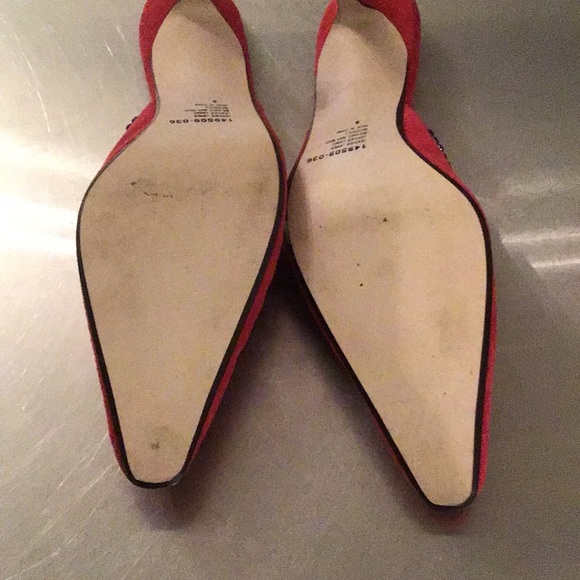 Colin Stewart red suede mules with open weave rhinestone, 3” heel. Size 6 - Picture 3 of 8